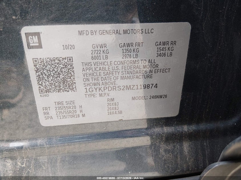 2021 Cadillac Xt6 VIN 1GYKPDRS2MZ119874 IAAI salvage auction — RIGHT FRONT, Salvage Title, sold $8,600 on 2026-08-14 (photo 9)
