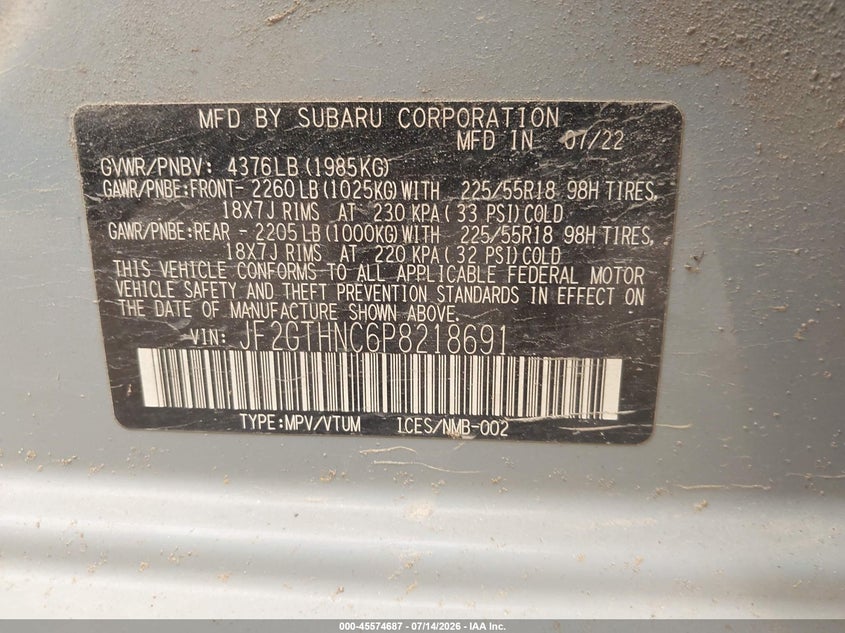 2023 Subaru Xv VIN JF2GTHNC6P8218691 IAAI salvage auction — FRONT END, Salvage Title, sold $3,950 on 2026-08-01 (photo 9)