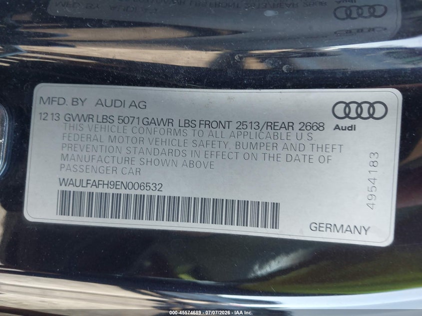 2014 Audi A5 VIN WAULFAFH9EN006532 IAAI salvage auction — NORMAL WEAR, Clear (South Carolina), sold $25 on 2026-07-28 (photo 9)