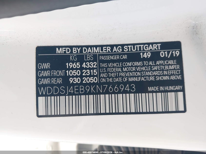 2019 Mercedes-benz Cla-klasse VIN WDDSJ4EB9KN766943 IAAI salvage auction — FRONT END, Salvage (California), sold $5,675 on 2026-08-10 (photo 9)