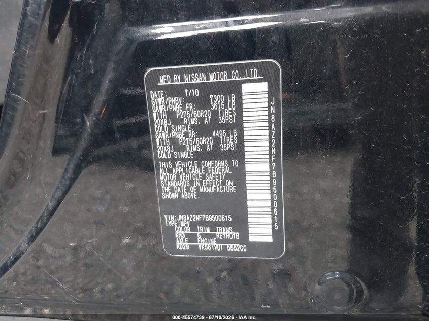 2011 Infiniti Qx56 VIN JN8AZ2NF7B9500615 IAAI salvage auction — NORMAL WEAR, Clear (Massachusetts), sold $825 on 2026-07-29 (photo 9)