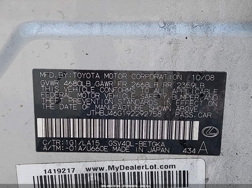 2009 Lexus Es 350 VIN JTHBJ46G192292758 IAAI salvage auction — NORMAL WEAR, Clear (Florida), sold $375 on 2026-07-29 (photo 9)