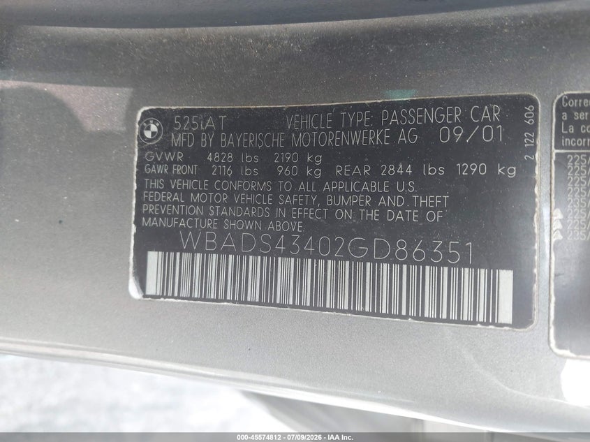 2002 BMW 5 series VIN WBADS43402GD86351 IAAI salvage auction — NORMAL WEAR, Clear (Tennessee), sold $225 on 2026-08-18 (photo 9)
