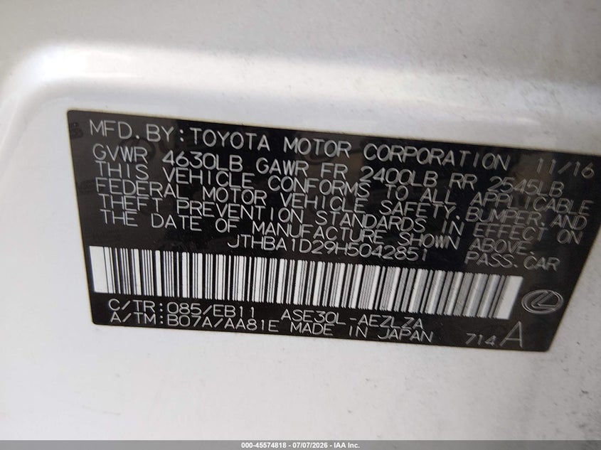 2017 Lexus Is VIN JTHBA1D29H5042851 IAAI salvage auction — LEFT FRONT, Wait Title, sold $2,500 on 2026-08-26 (photo 9)