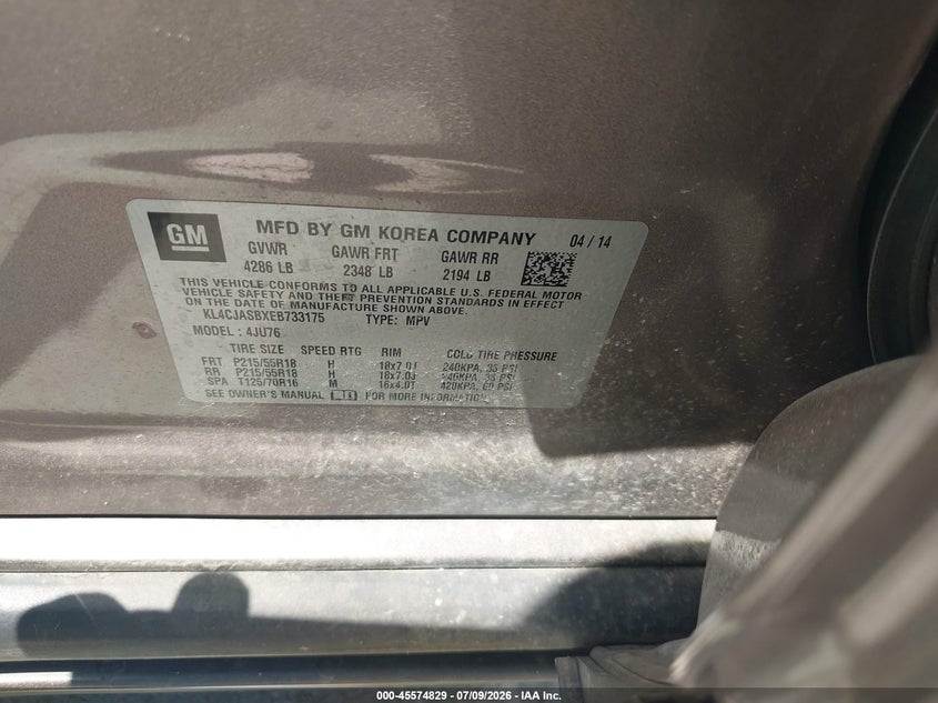 2014 Buick Encore VIN KL4CJASBXEB733175 IAAI salvage auction — NORMAL WEAR, Original (Texas), sold $225 on 2026-07-29 (photo 9)