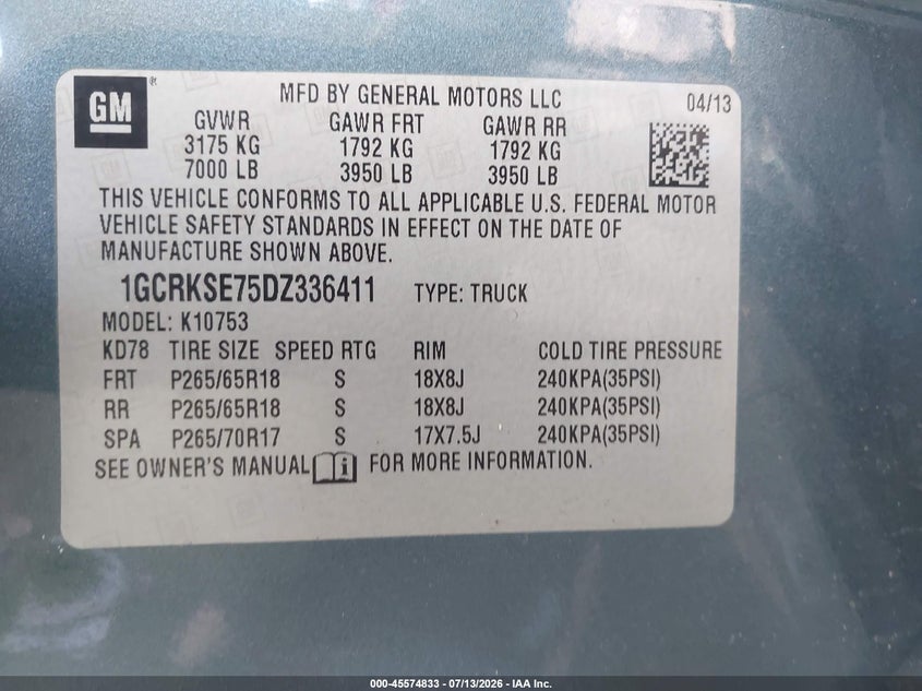 2013 Chevrolet Silverado VIN 1GCRKSE75DZ336411 IAAI salvage auction — NORMAL WEAR, Clear (New York), sold $475 on 2026-07-18 (photo 9)