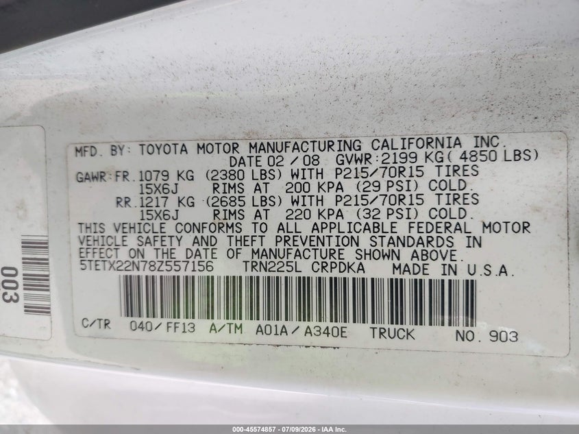2008 Toyota Tacoma VIN 5TETX22N78Z557156 IAAI salvage auction — NORMAL WEAR, Original (Texas), sold $25 on 2026-07-29 (photo 9)