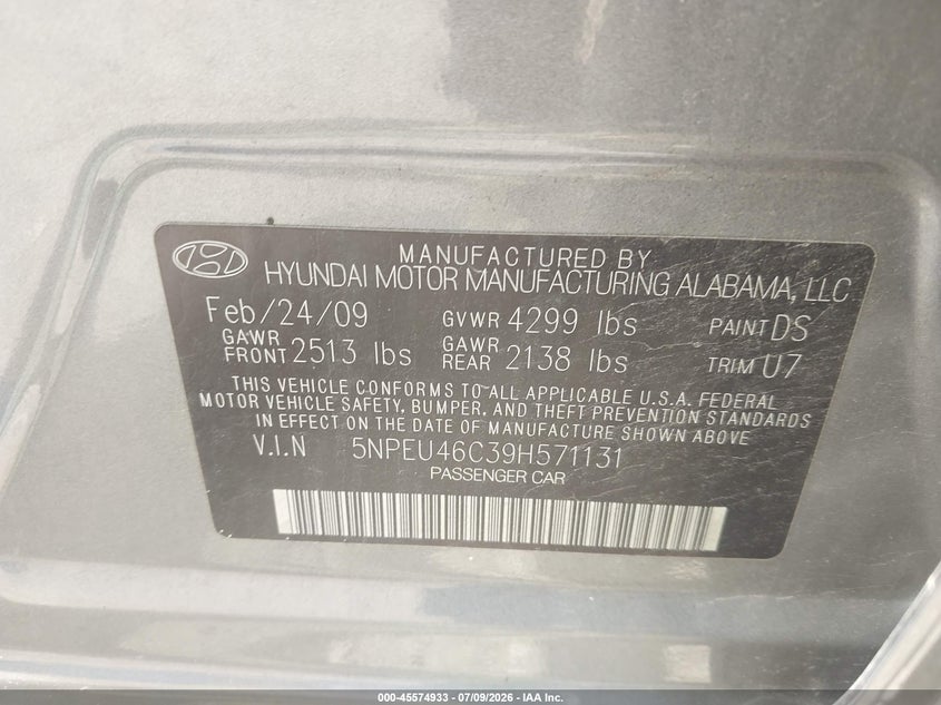 2009 Hyundai Sonata VIN 5NPEU46C39H571131 IAAI salvage auction — FRONT END, Salvage (Pennsylvania), sold $775 on 2026-07-17 (photo 9)