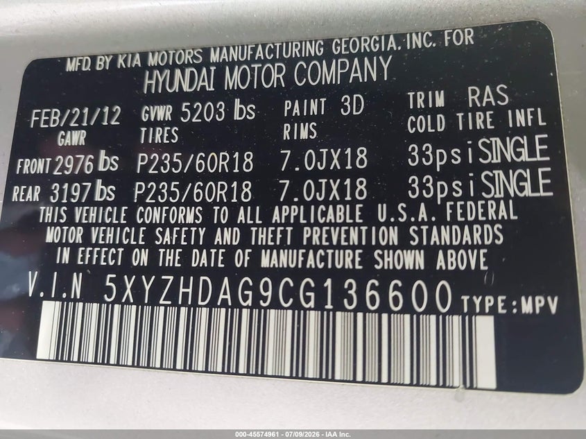 2012 Hyundai Santa fe VIN 5XYZHDAG9CG136600 IAAI salvage auction — RIGHT FRONT, Salvage Title, sold $2,300 on 2026-07-29 (photo 9)