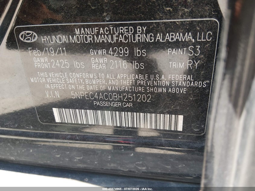 2011 Hyundai Sonata VIN 5NPEC4AC0BH251202 IAAI salvage auction — NORMAL WEAR, Original (Texas), sold $425 on 2026-07-29 (photo 9)