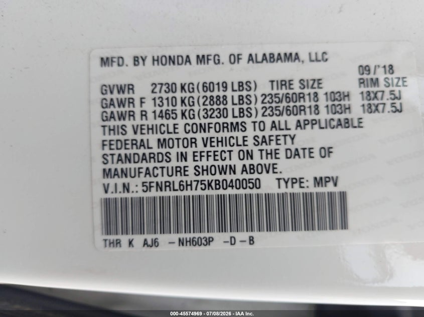 2019 Honda Odyssey VIN 5FNRL6H75KB040050 IAAI salvage auction — FRONT END, Salvage (Pennsylvania), sold $2,950 on 2026-07-19 (photo 9)