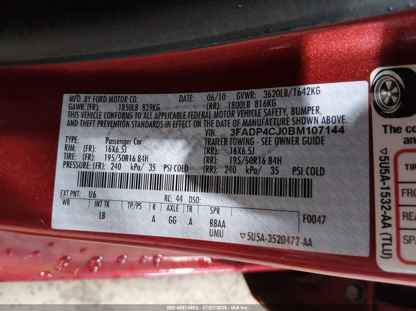 2011 Ford Fiesta VIN 3FADP4CJ0BM107144 IAAI salvage auction — NORMAL WEAR, Clear (Massachusetts), sold $375 on 2026-07-23 (photo 9)