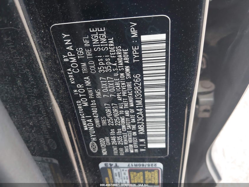 2021 Hyundai Tucson VIN KM8J3CA41MU388266 IAAI salvage auction — REAR END, Salvage Title, sold $4,750 on 2026-07-24 (photo 9)