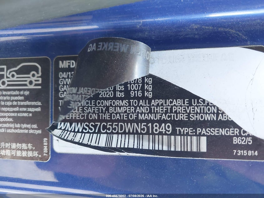 2013 Mini Paceman VIN WMWSS7C55DWN51849 IAAI salvage auction — NORMAL WEAR, Original (Texas), sold $2,475 on 2026-07-15 (photo 9)