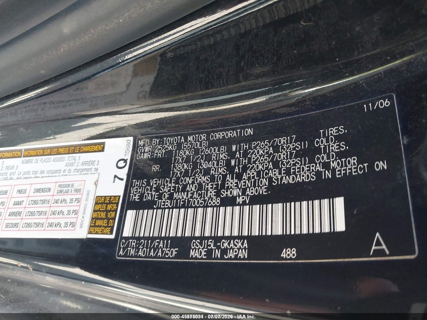 2007 Toyota Fj cruiser VIN JTEBU11F170057688 IAAI salvage auction — LEFT FRONT, Clear (New York), sold $4,250 on 2026-07-30 (photo 9)