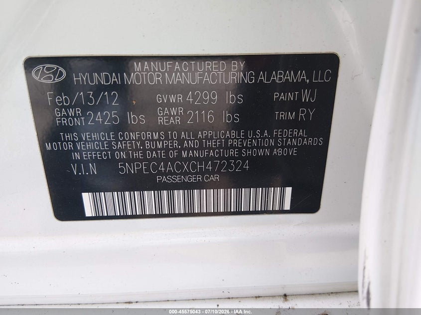 2012 Hyundai Sonata VIN 5NPEC4ACXCH472324 IAAI salvage auction — NORMAL WEAR, Clear (South Carolina), sold $25 on 2026-07-22 (photo 9)