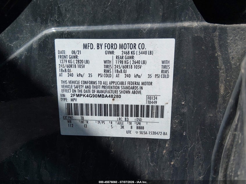2021 Ford Edge VIN 2FMPK4G90MBA48280 IAAI salvage auction — SIDE, Sf97 (New York), sold $10,650 on 2026-08-20 (photo 9)