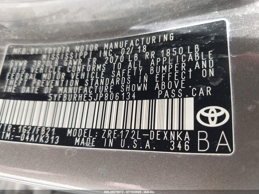 2018 Toyota Corolla VIN 5YFBURHE5JP806134 IAAI salvage auction — FRONT & REAR, Salvage (Ohio), sold $2,650 on 2026-07-29 (photo 9)