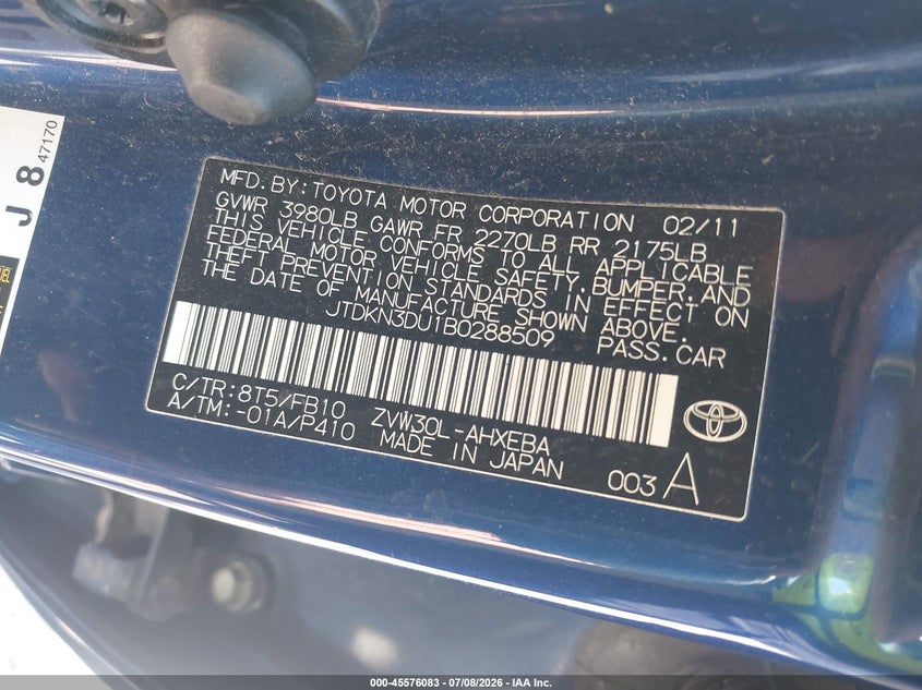 2011 Toyota Prius VIN JTDKN3DU1B0288509 IAAI salvage auction — NORMAL WEAR, Clear (Illinois), sold $650 on 2026-07-29 (photo 9)