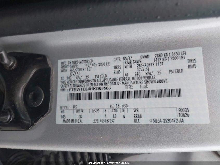 2017 Ford F-150 VIN 1FTEW1E84HKD63586 IAAI salvage auction — NORMAL WEAR, SF97 (New Hampshire), sold $14,400 on 2026-07-31 (photo 9)