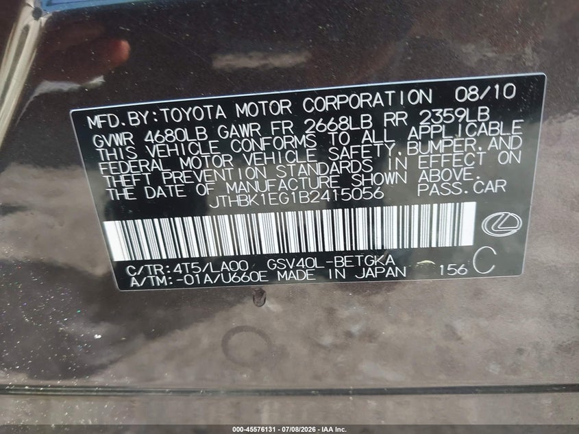 2011 Lexus Es 350 VIN JTHBK1EG1B2415056 IAAI salvage auction — NORMAL WEAR, Clear (Massachusetts), sold $975 on 2026-07-28 (photo 9)