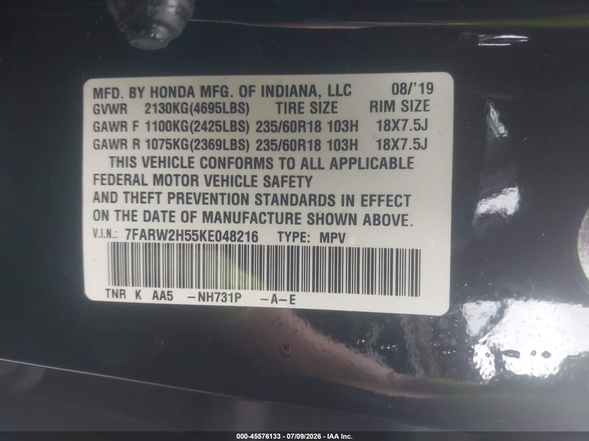 2019 Honda Cr-v VIN 7FARW2H55KE048216 IAAI salvage auction — SIDE, Salvage (Idaho), sold $6,300 on 2026-07-31 (photo 9)