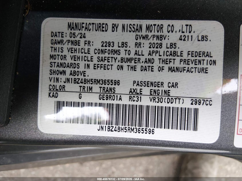 2024 Nissan Z VIN JN1BZ4BH5RM365596 IAAI salvage auction — FRONT & REAR, Mv-907A (New York), sold $13,300 on 2026-07-28 (photo 9)