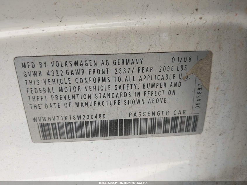 2008 Volkswagen Gti VIN WVWHV71K78W230480 IAAI salvage auction — NORMAL WEAR, Clear (New York), sold $425 on 2026-07-28 (photo 9)