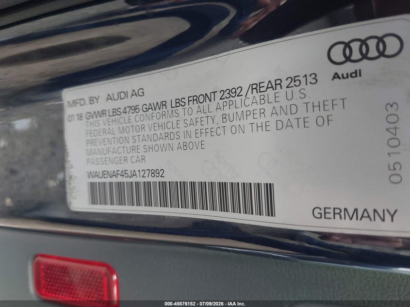 2018 Audi A4 VIN WAUENAF45JA127892 IAAI salvage auction — FRONT END, Salvage Title, sold $1,300 on 2026-07-17 (photo 9)