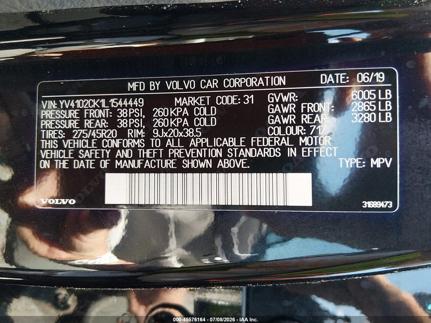 2020 Volvo Xc90 VIN YV4102CK1L1544449 IAAI salvage auction — WATER/FLOOD, Salvage (Mississippi), sold $10,500 on 2026-08-01 (photo 9)