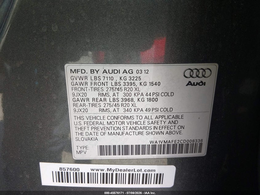 2012 Audi Q7 VIN WA1VMAFE2CD008336 IAAI salvage auction — REAR END, Salvage Title, sold $1,650 on 2026-07-27 (photo 9)