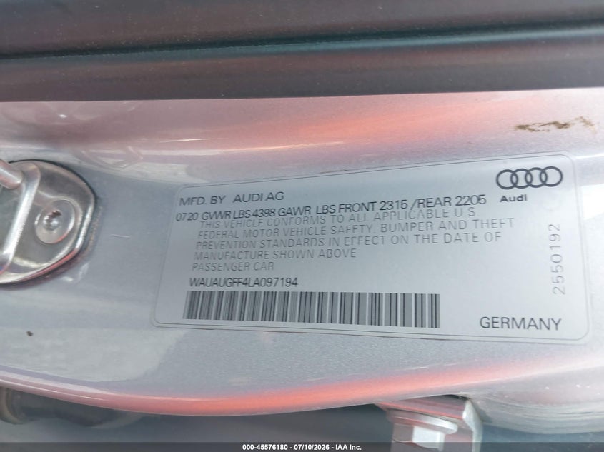 2020 Audi A3 VIN WAUAUGFF4LA097194 IAAI salvage auction — FRONT END, Salvage (Mississippi), sold $2,800 on 2026-08-23 (photo 9)