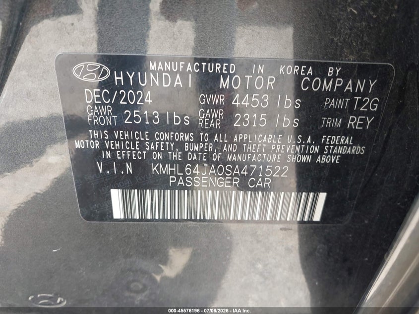 2025 Hyundai Sonata VIN KMHL64JA0SA471522 IAAI salvage auction — NORMAL WEAR, Salvage Title, sold $14,000 on 2026-07-14 (photo 9)