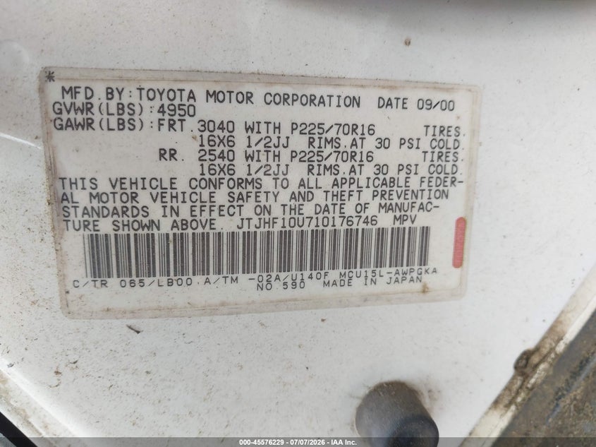 2001 Lexus Rx 300 VIN JTJHF10U710176746 IAAI salvage auction — FRONT END, Clear (Alabama), sold $450 on 2026-07-15 (photo 9)