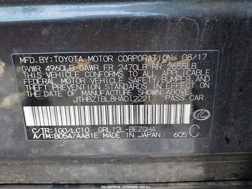 2017 Lexus Gs VIN JTHBZ1BL8HA012221 IAAI salvage auction — FRONT END, Salvage Title, sold $12,875 on 2026-08-06 (photo 9)
