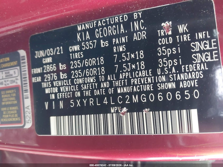 2021 Kia Sorento VIN 5XYRL4LC2MG060650 IAAI salvage auction — FRONT END, Salvage - Greater Than 75% (Maryland), sold $1,150 on 2026-07-30 (photo 9)