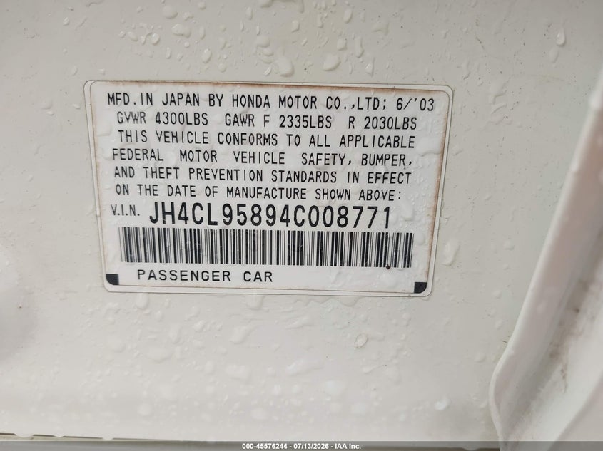 2004 Acura Tsx VIN JH4CL95894C008771 IAAI salvage auction — NORMAL WEAR, Clear-Dealer Only (North Carolina), sold $825 on 2026-07-21 (photo 9)