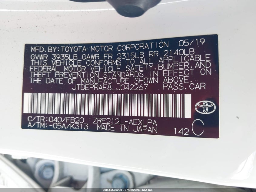 2020 Toyota Corolla VIN JTDEPRAE8LJ042267 IAAI salvage auction — LEFT SIDE, Rebuildable (Florida), sold $3,750 on 2026-07-23 (photo 9)