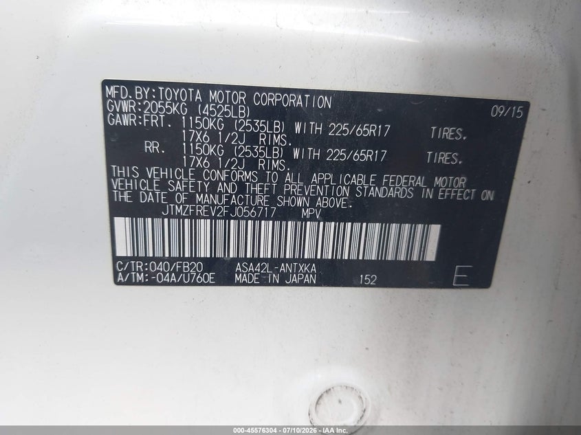 2015 Toyota Rav 4 VIN JTMZFREV2FJ056717 IAAI salvage auction — FRONT END, Salvage (Pennsylvania), sold $3,250 on 2026-07-28 (photo 9)