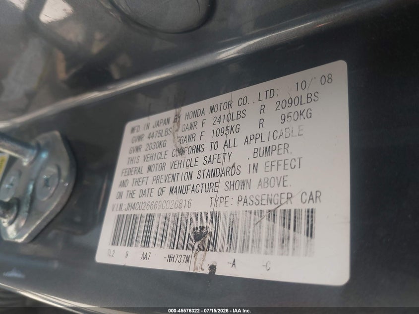 2009 Acura Tsx VIN JH4CU26669C026816 IAAI salvage auction — NORMAL WEAR, Clear (Colorado), sold $25 on 2026-07-28 (photo 9)