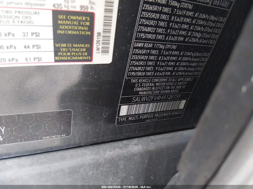 2017 Land rover Range rover sport VIN SALWV2FV4HA126158 IAAI salvage auction — FRONT END, Salvage Title, sold $3,550 on 2026-08-24 (photo 9)