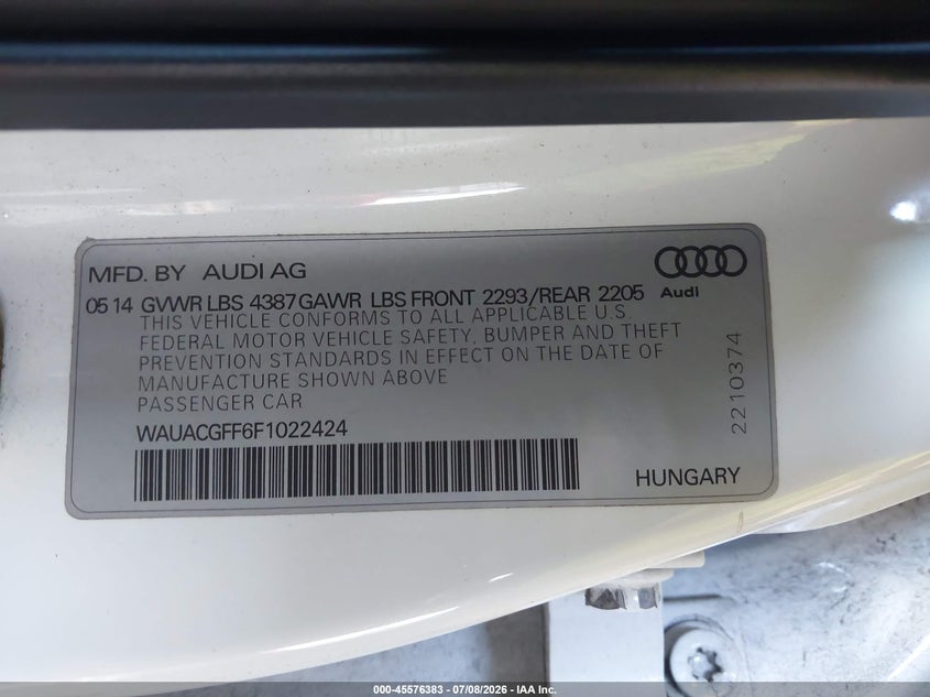 2015 Audi A3 VIN WAUACGFF6F1022424 IAAI salvage auction — FRONT END, Salvage Title, sold $1,700 on 2026-08-01 (photo 9)