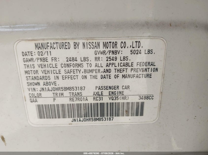 2011 Infiniti Ex35 VIN JN1AJ0HR5BM853187 IAAI salvage auction — NORMAL WEAR, Clear (Montana), sold $400 on 2026-07-31 (photo 9)