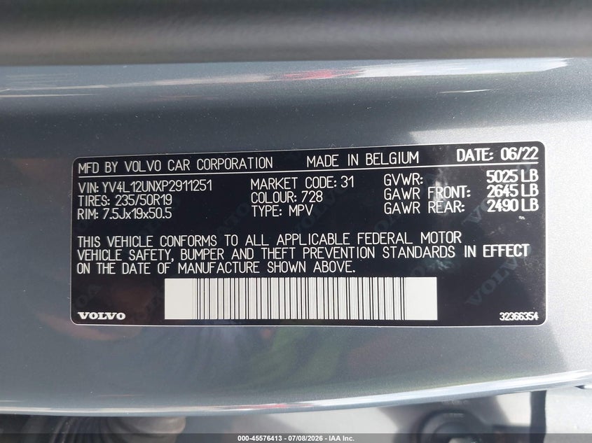 2023 Volvo Xc40 VIN YV4L12UNXP2911251 IAAI salvage auction — FRONT END, Salvage Title, sold $4,550 on 2026-08-12 (photo 9)