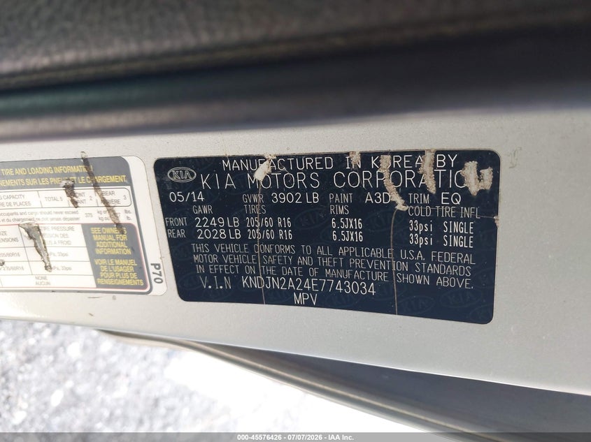 2014 Kia Soul VIN KNDJN2A24E7743034 IAAI salvage auction — NORMAL WEAR, Clear (Florida), sold $625 on 2026-07-22 (photo 9)