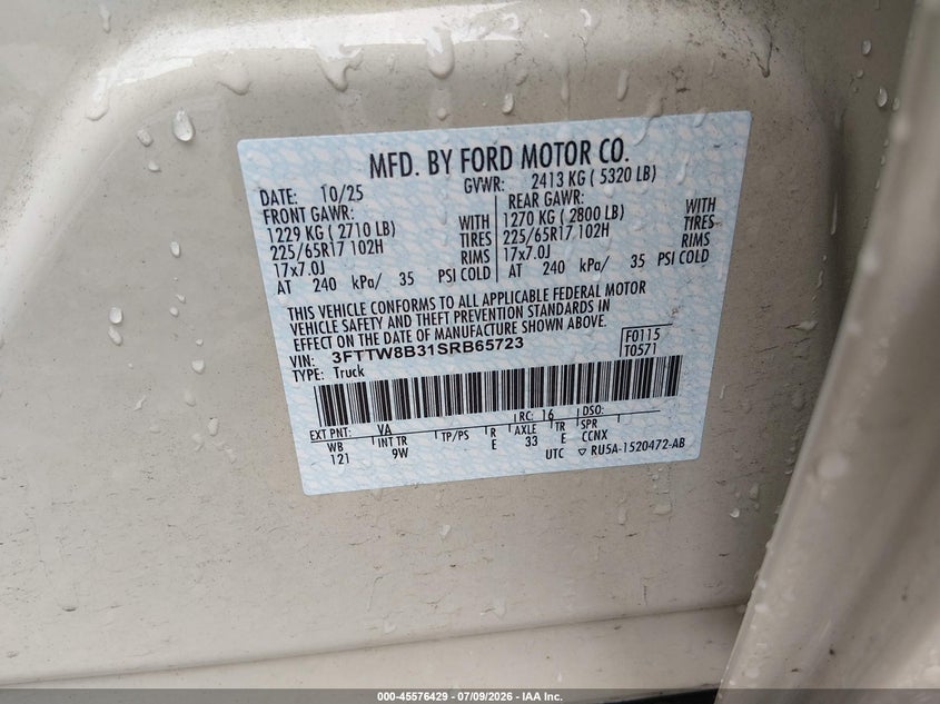 2025 Ford Maverick VIN 3FTTW8B31SRB65723 IAAI salvage auction — FRONT END, Salvage Title, sold $6,900 on 2026-07-24 (photo 9)