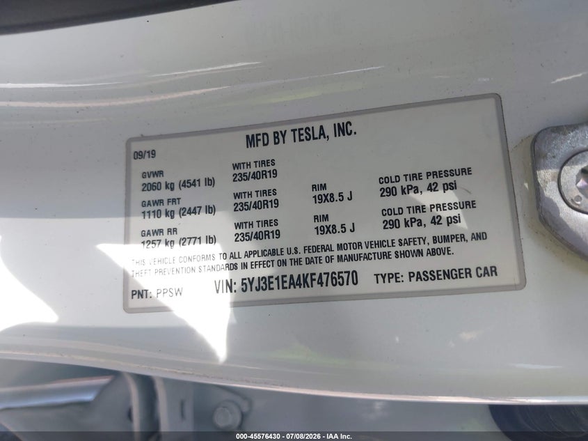 2019 Tesla Model 3 VIN 5YJ3E1EA4KF476570 IAAI salvage auction — FRONT END, Salvage Title, sold $3,650 on 2026-08-02 (photo 9)