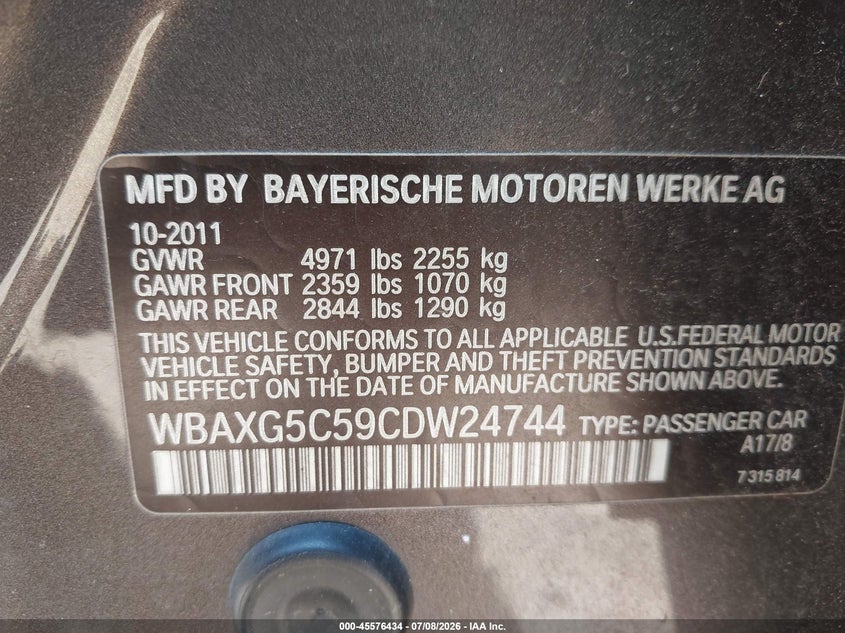 2012 BMW 5er VIN WBAXG5C59CDW24744 IAAI salvage auction — UNKNOWN, Salvage Title, sold $575 on 2026-07-15 (photo 9)