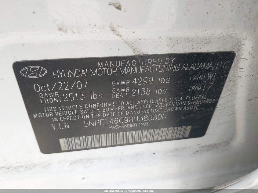 2008 Hyundai Sonata VIN 5NPET46C98H383800 IAAI salvage auction — NORMAL WEAR, Clear (Illinois), sold $1,200 on 2026-07-15 (photo 9)