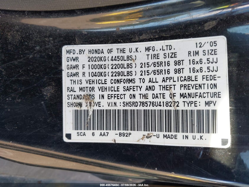 2006 Honda Cr-v VIN SHSRD78576U418272 IAAI salvage auction — NORMAL WEAR, Clear (New Jersey), sold $400 on 2026-07-30 (photo 9)